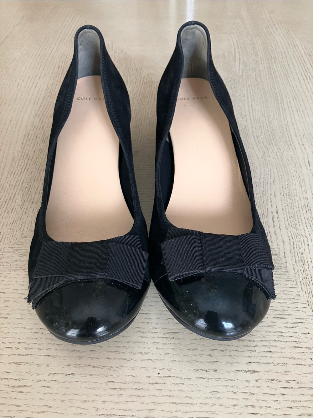 Cole Haan Black Suede Patent Cap Toe Wedges with Grosgrain Bow | Preppy Office